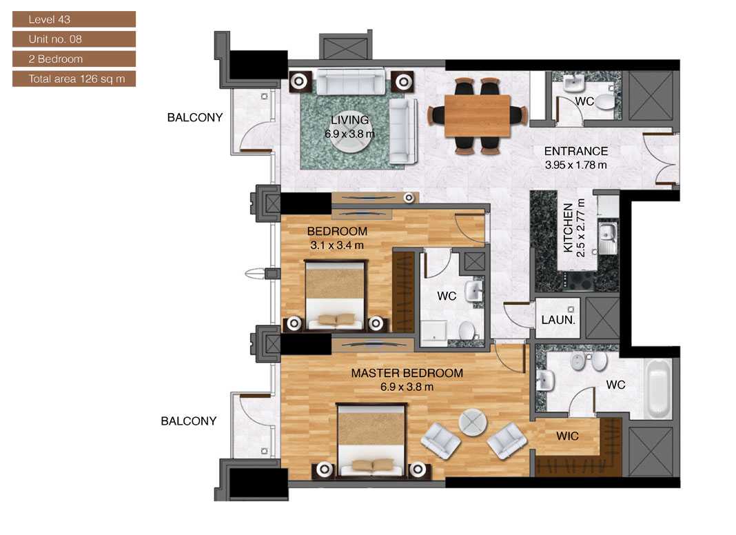 Level-43,Unit-no-8-,2-Bedroom-,Size-126-Sq m